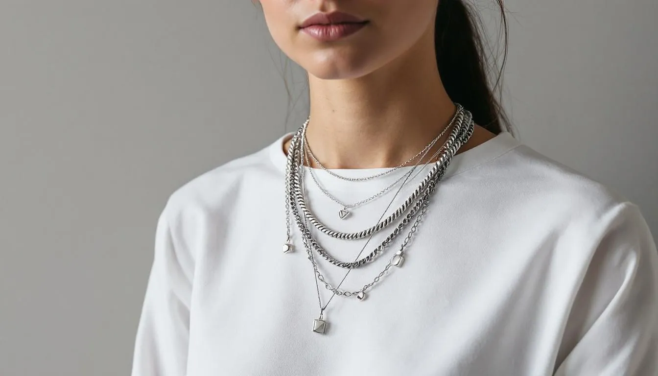 A beautifully styled arrangement of layered silver necklaces showcases the art of layering, featuring delicate chains of varying lengths, dainty pendants, and a statement piece that adds depth and visual interest to the ensemble. This layered look combines different textures and styles, creating a unique and personal touch to everyday wear.