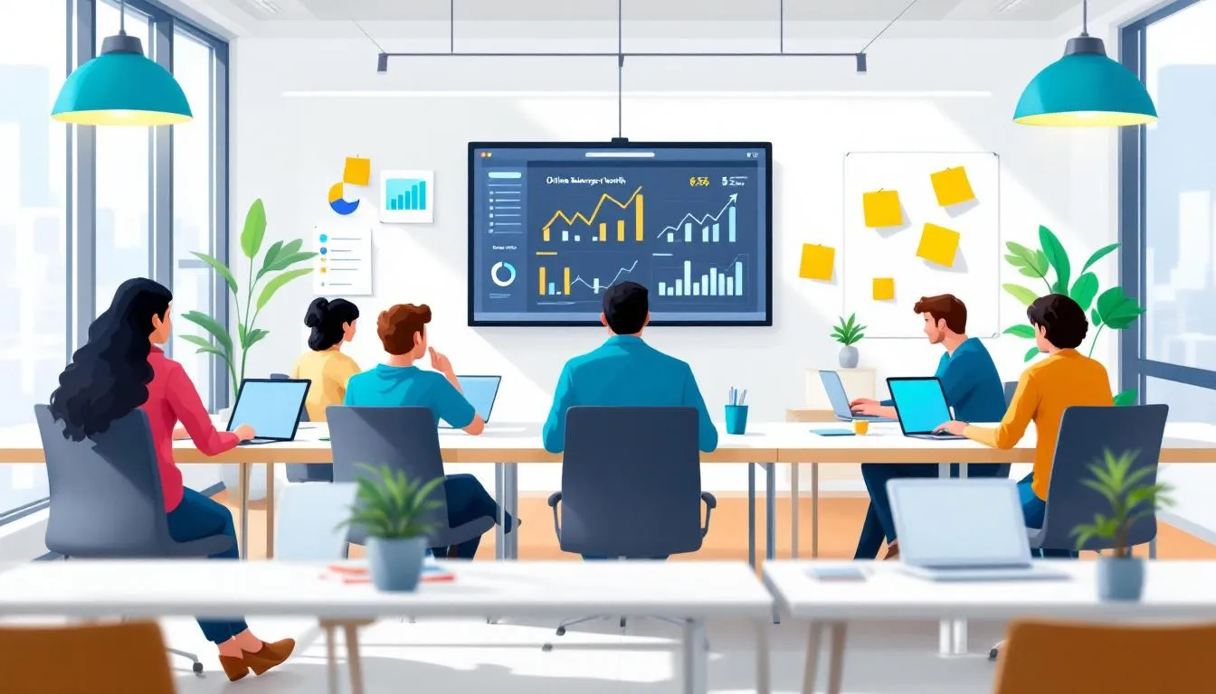 An image depicting a marketing coach conducting a coaching session with a small business owner, focusing on strategies for online business growth through digital marketing techniques. The scene illustrates a collaborative environment where ideas are exchanged, highlighting the importance of professional development and tailored coaching packages for achieving success in online sales and customer engagement.