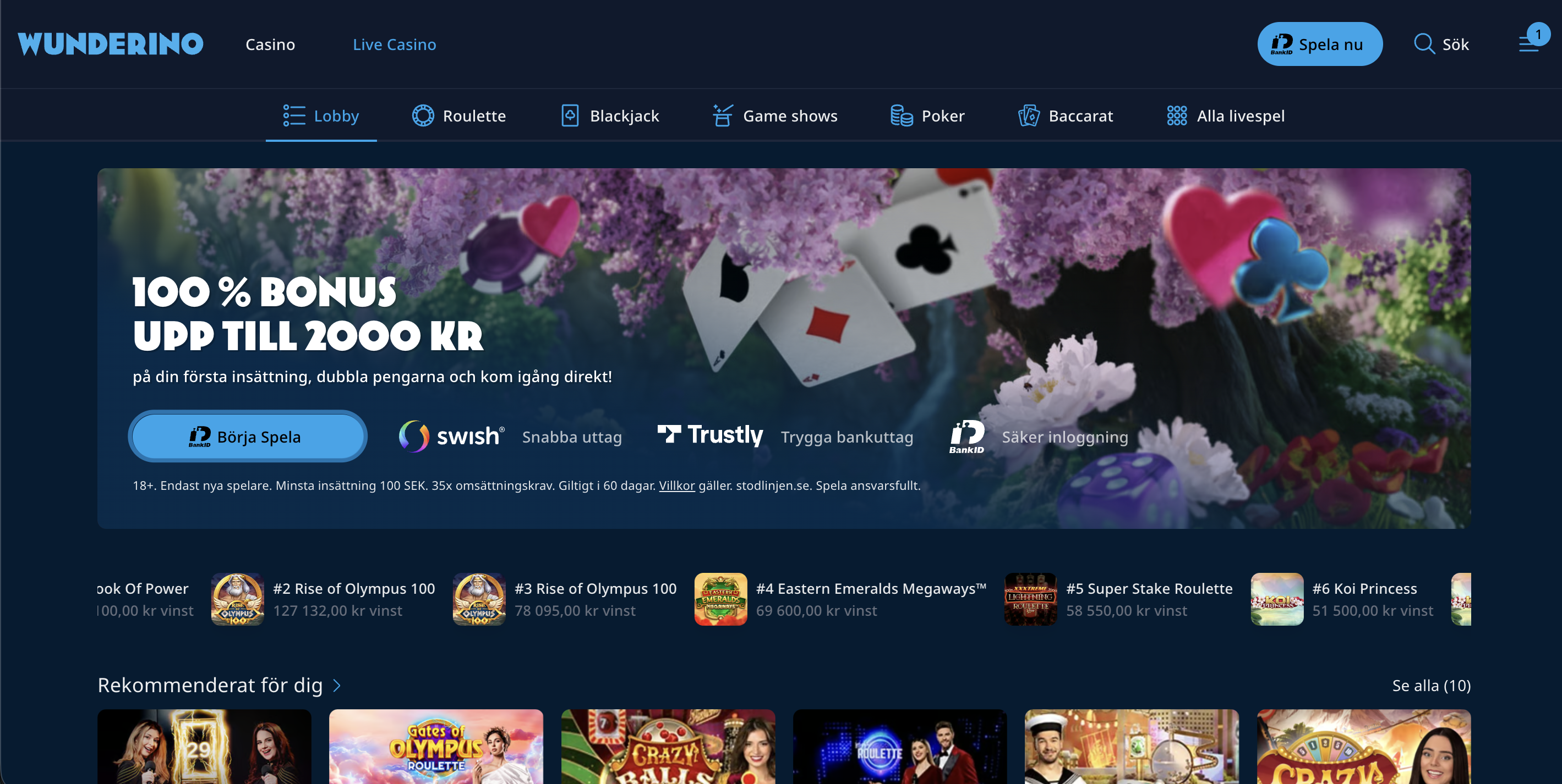 Live casino hos Wunderino Casino med live roulette, blackjack, game shows och bonuskampanj för nya spelare.