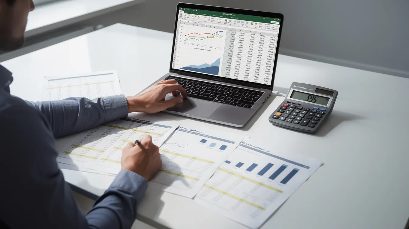 A person is sitting at a desk, intently reviewing financial documents displayed on their laptop, with a calculator placed beside them for quick calculations. This scene reflects the important task of managing personal finances, possibly related to a loan application or understanding repayment terms.