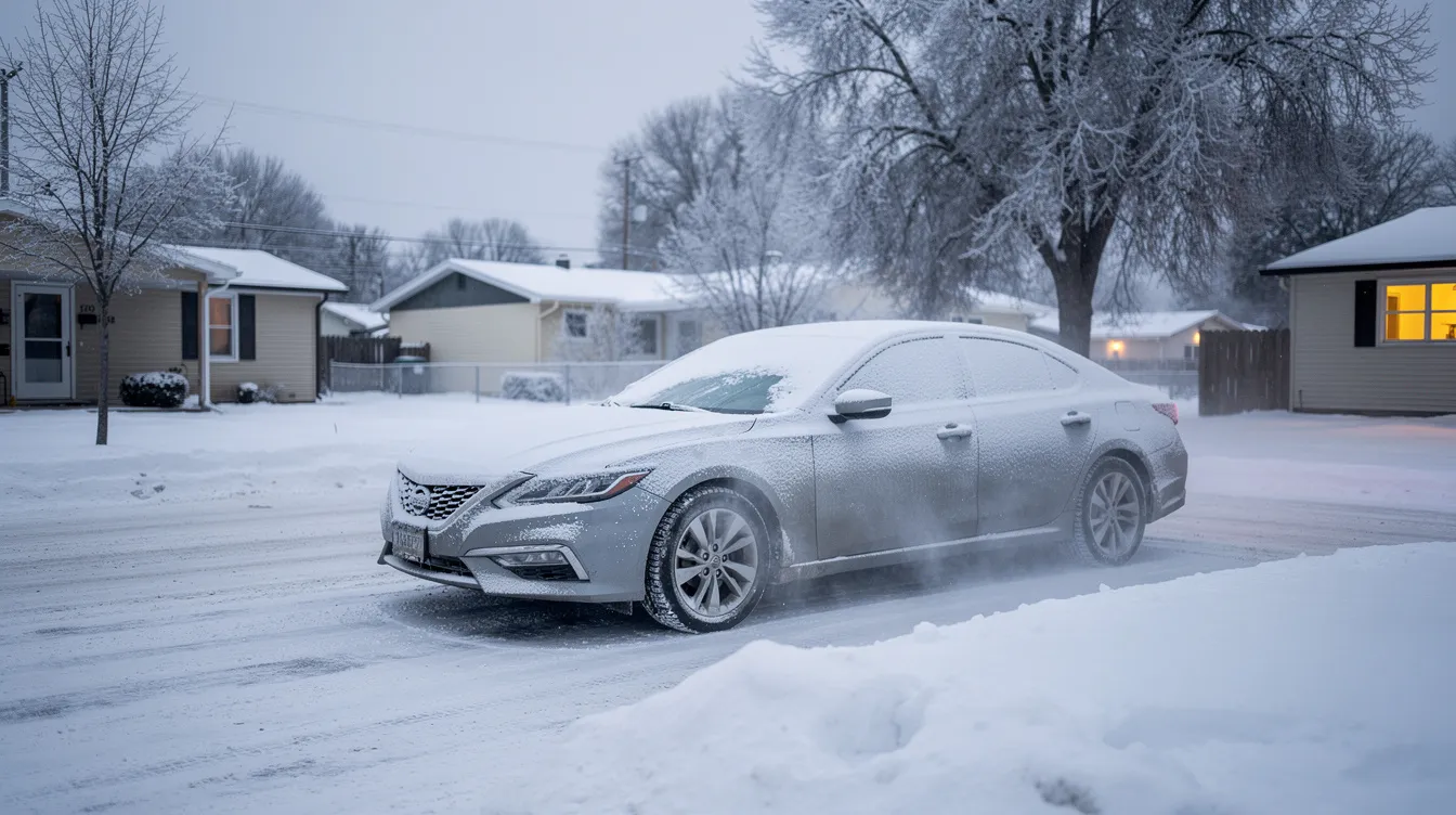 A sedan is parked on a quiet residential street in Minnesota, lightly dusted with snow, showcasing the winter season. This scene reflects the typical environment where auto transport services might be utilized for shipping vehicles in the state.