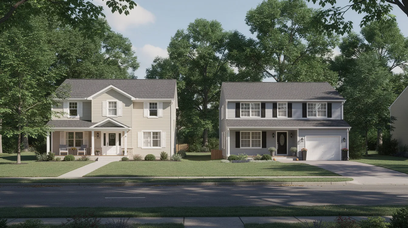 The image depicts two suburban houses situated side by side on a tree-lined street, showcasing a typical residential neighborhood. This scene reflects the kind of investment properties that many real estate investors consider for hard money loans or traditional financing options.
