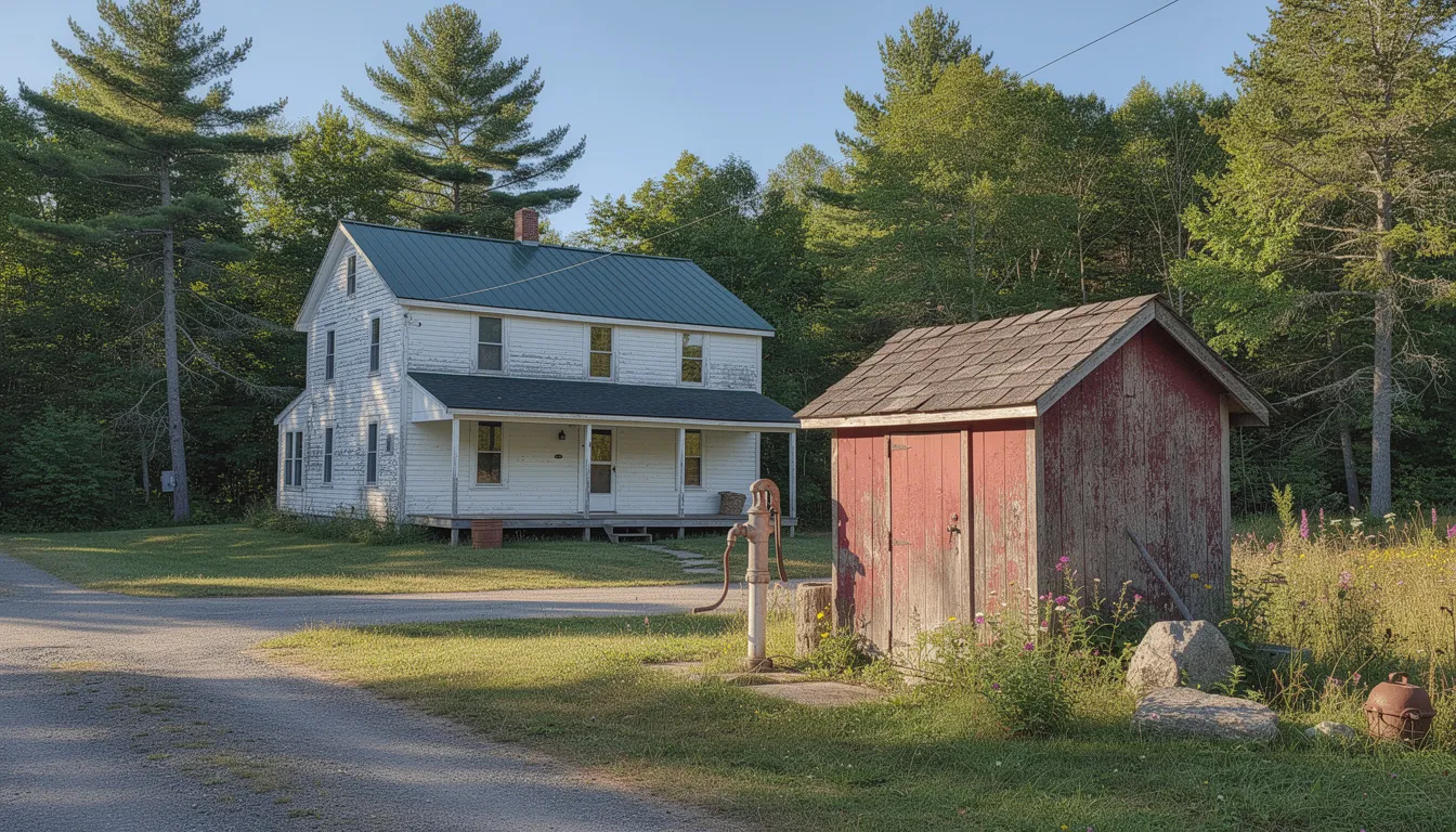 The image depicts a charming rural Maine home with a well pump house situated in the yard, emphasizing the importance of high-quality well water and reliable water treatment systems for homeowners. This setting highlights the need for maintenance and water quality testing to ensure safe drinking water free from harmful contaminants.