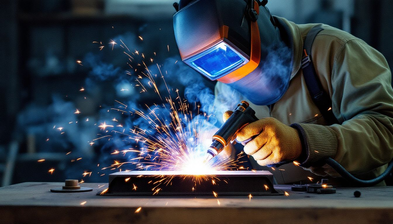 A welder demonstrating MIG welding techniques with a focus on the welding arc.