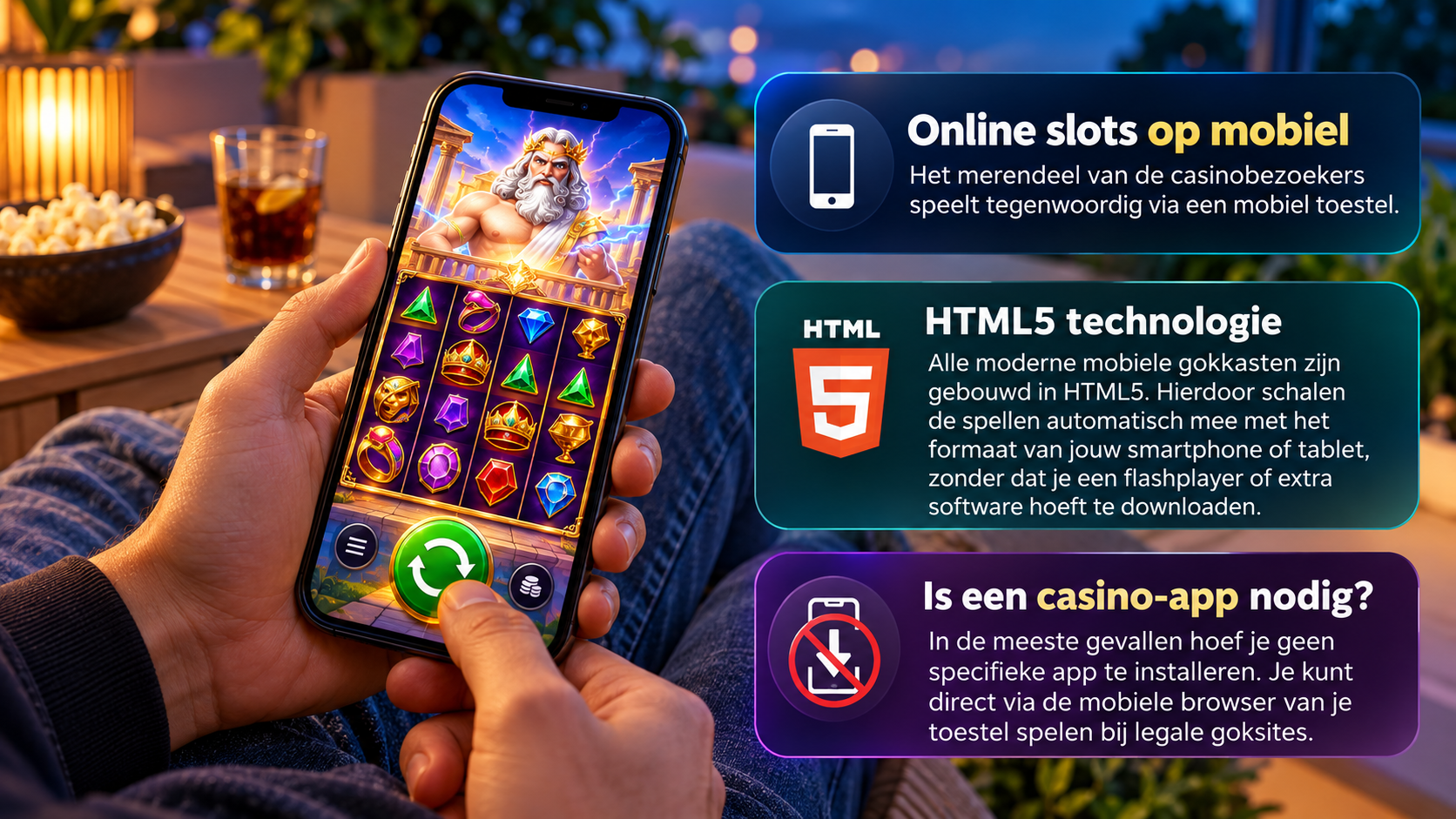 1. Speler gebruikt een smartphone om online slots te spelen via de mobiele browser met HTML5-technologie.