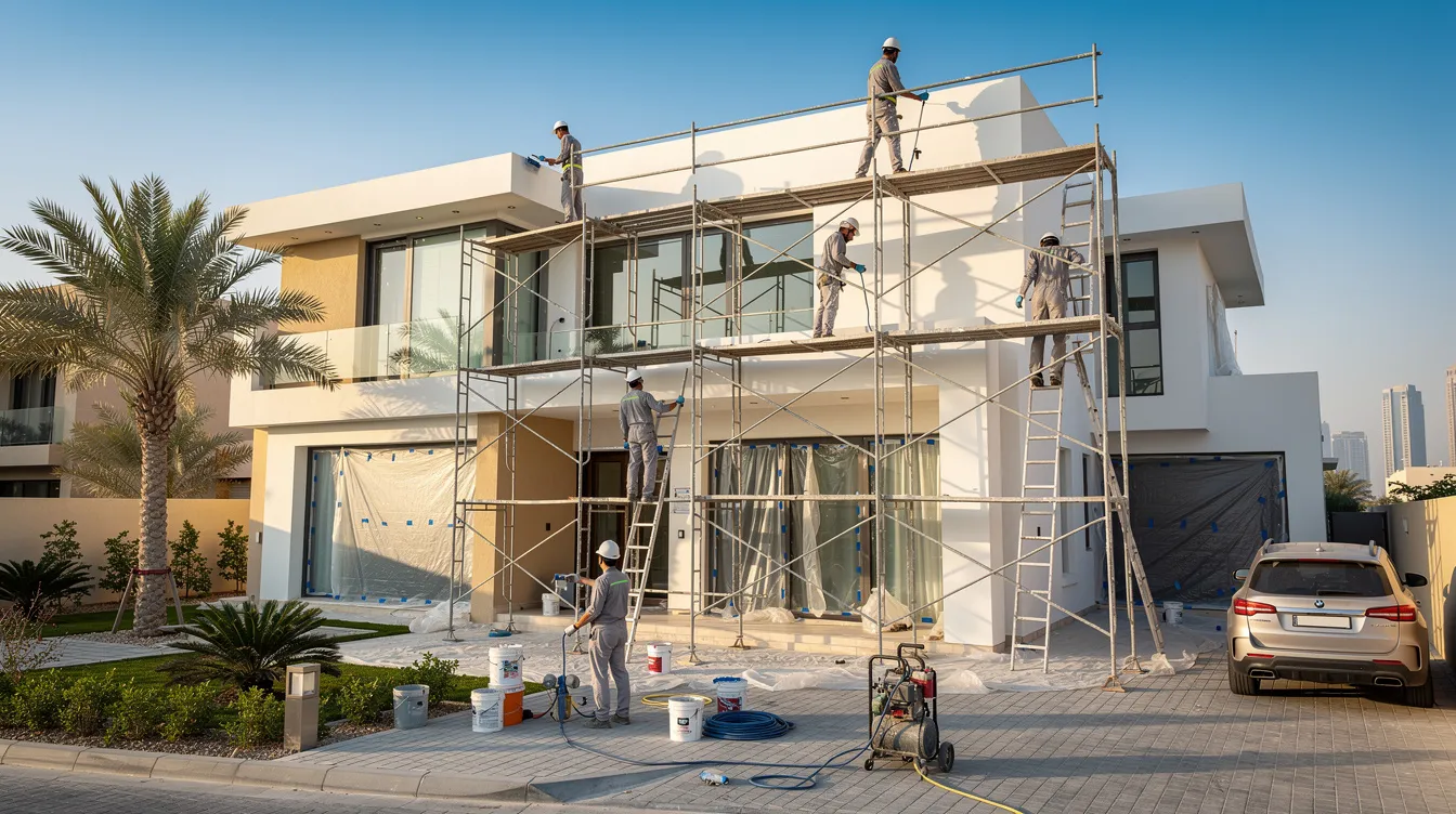 The image depicts the exterior of a luxurious Dubai villa being painted, with professional painters using scaffolding and high-quality equipment. This scene showcases the expertise of a painting company specializing in villa painting services, emphasizing their commitment to quality work and customer satisfaction.