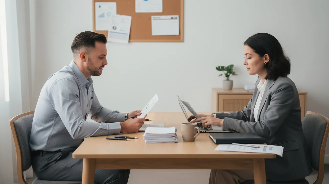 0bcef2d8 0cf6 4225 95e3 d431301374ff A small business owner is sitting at a desk in a simple office, discussing important documents with an advisor. They are likely reviewing a loan agreement, which may involve considerations about loan amounts, collateral, and the potential legal consequences of borrower defaults.