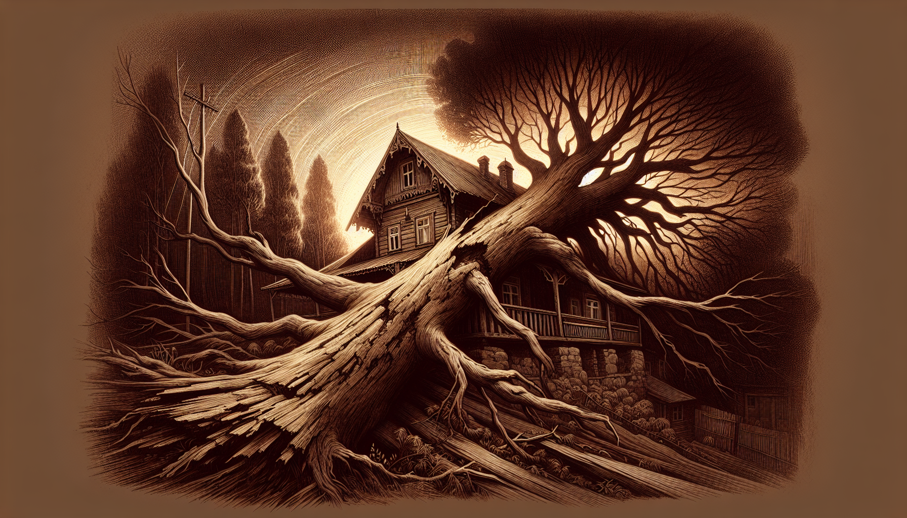 Illustration of a fallen tree threatening a house