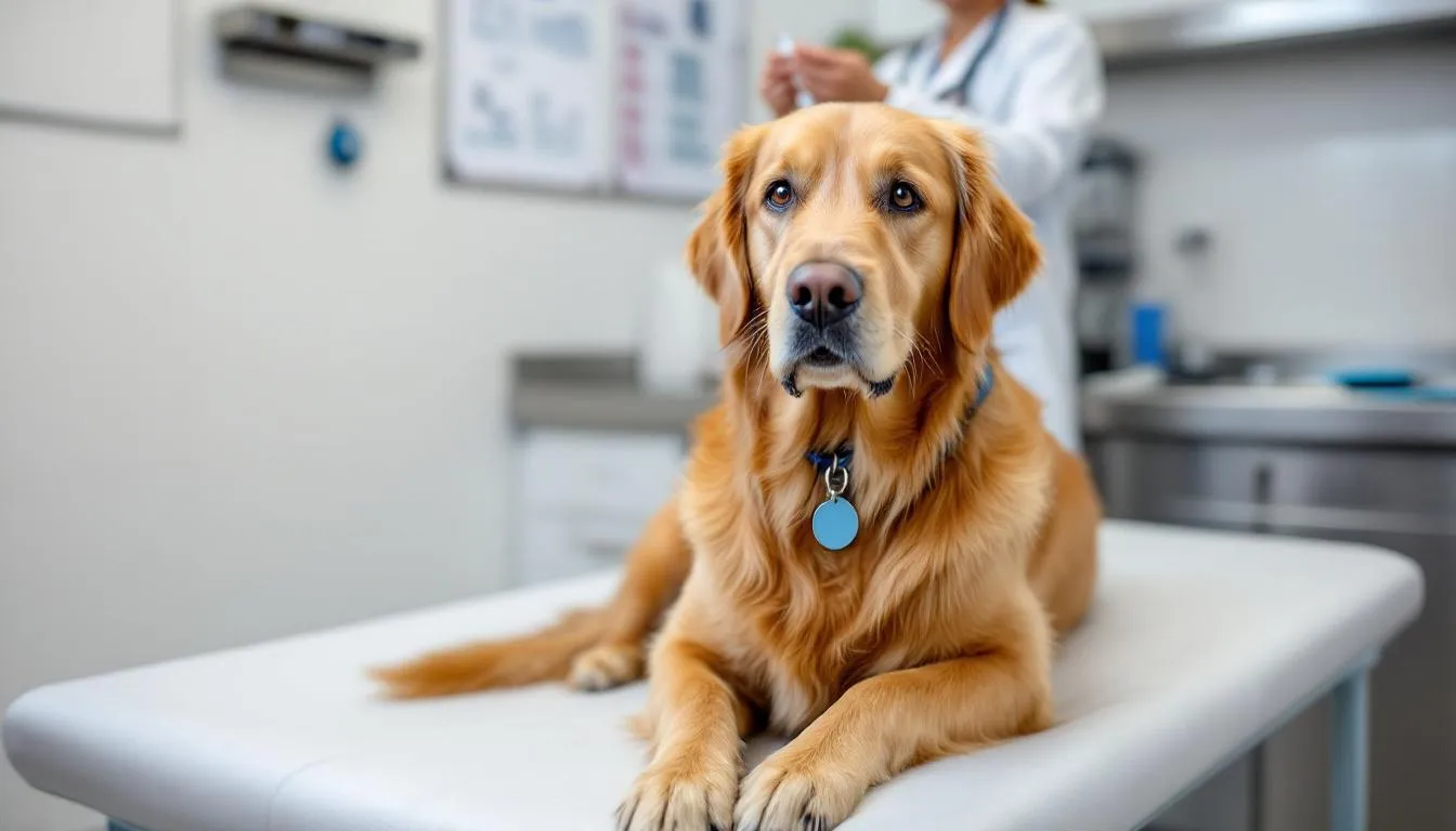 A healthy dog is receiving a vaccination at a veterinary clinic, ensuring protection against infectious diseases like leptospirosis in dogs. The veterinarian is administering the leptospirosis vaccine, which is crucial for disease control and preventing severe disease in both dogs and humans.