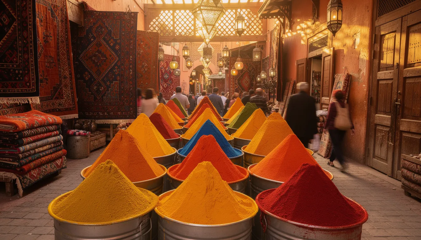 The image showcases vibrant spice pyramids and colorful textiles in a bustling Marrakech souk marketplace, reflecting the rich culture and local traditions of Morocco. This lively scene captures the essence of a memorable experience for travelers exploring the authentic markets of Marrakech.