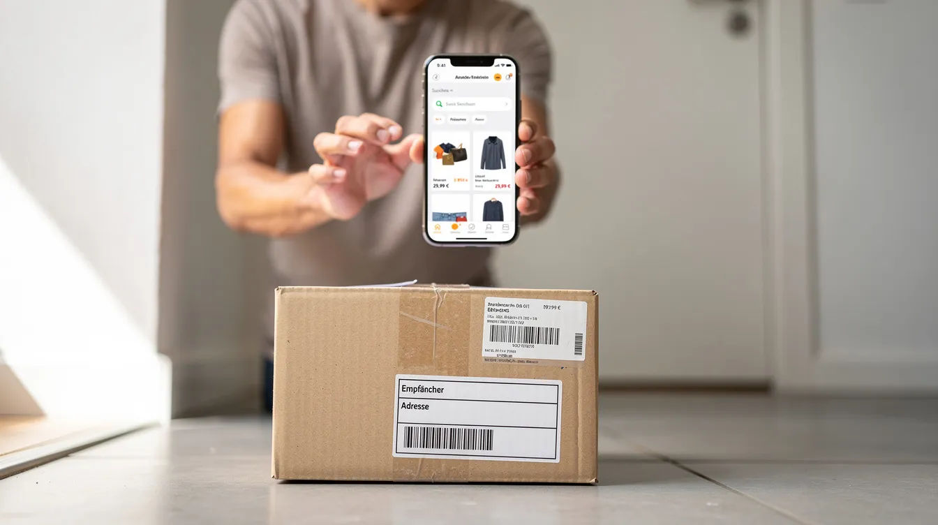 Eine Person scrollt durch eine Shopping-App auf ihrem Smartphone, während sie vor einem Paket sitzt, das auf dem Tisch liegt. Die Szene vermittelt den Eindruck eines modernen Online-Marktplatzes, auf dem Nutzer wie sie Produkte von verschiedenen Händlern, einschließlich Aliexpress, entdecken und bestellen können.