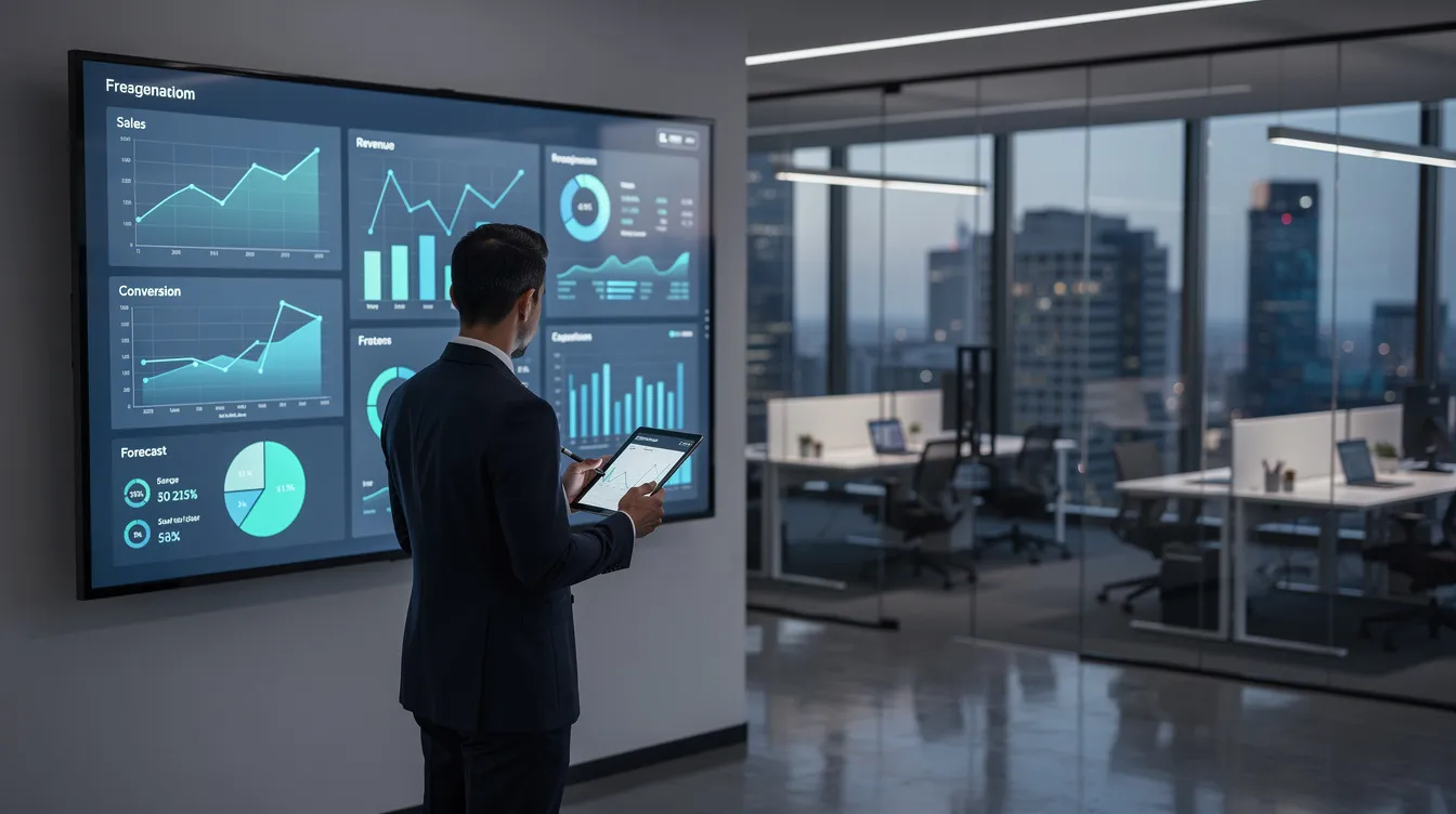 A professional is intently reviewing a data dashboard displayed on a large screen in a modern office setting, showcasing various graphs and metrics that represent last year's models and current performance. The atmosphere conveys a sense of focus and diligence, characteristic of a valued employee working hard to interpret data and solve complex problems.