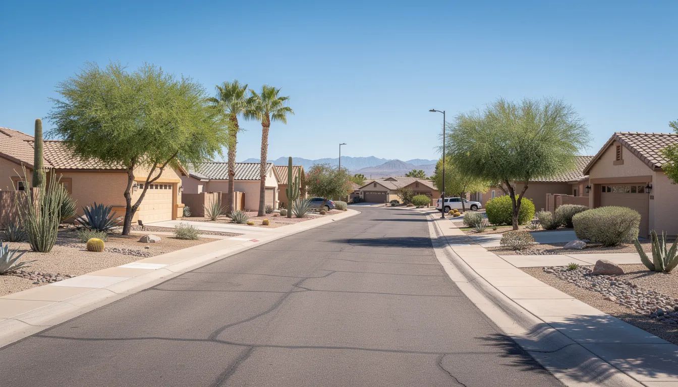 The image depicts a peaceful suburban street in the Phoenix Arizona Valley, lined with single-story homes, showcasing a typical neighborhood setting. The scene highlights the residential charm of the area, where homeowners may eventually seek plumbing services for issues like clogged drains or drainage problems.
