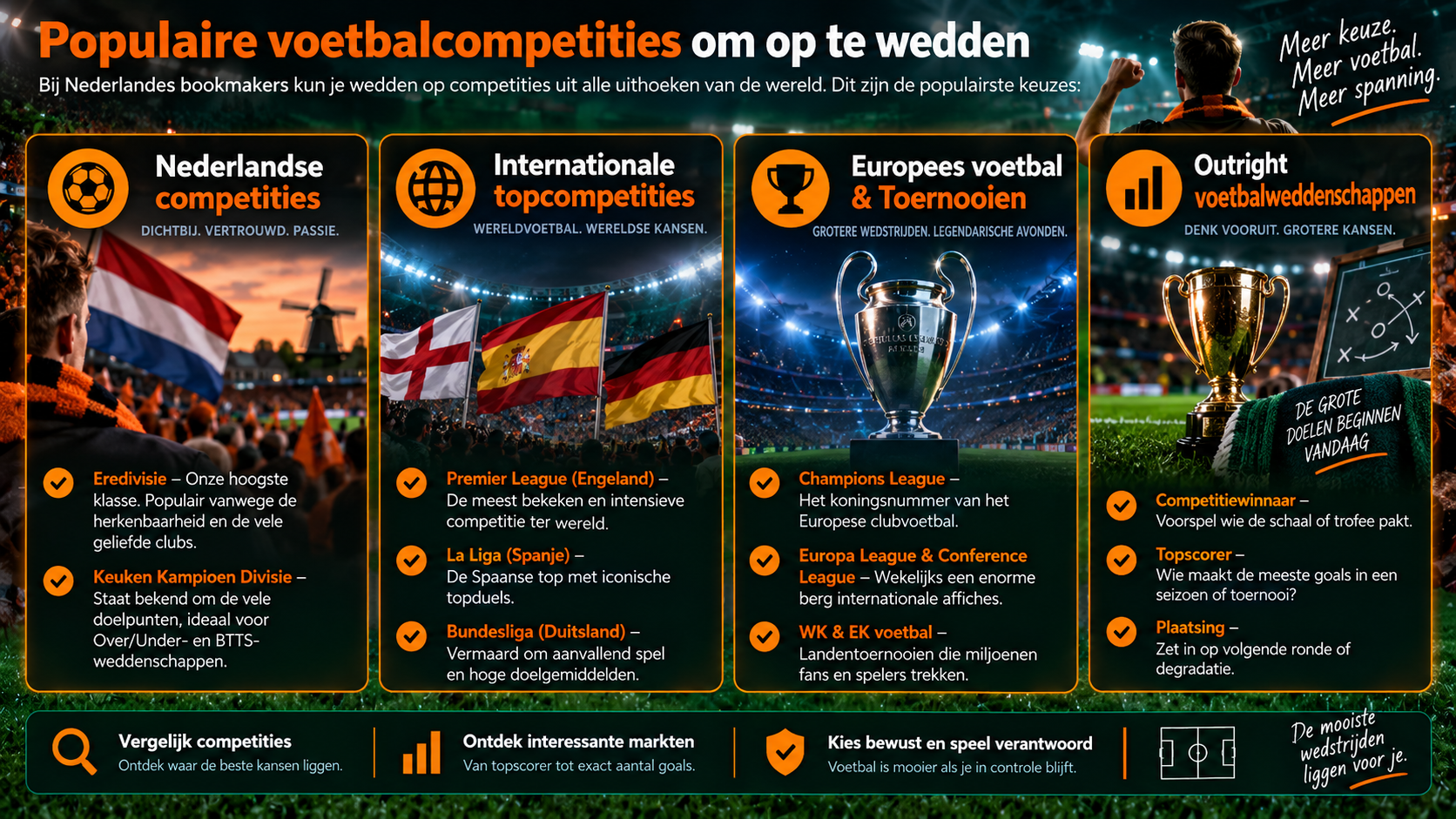 Populaire voetbalcompetities om op te wedden, waaronder Eredivisie, Premier League, Champions League en WK.