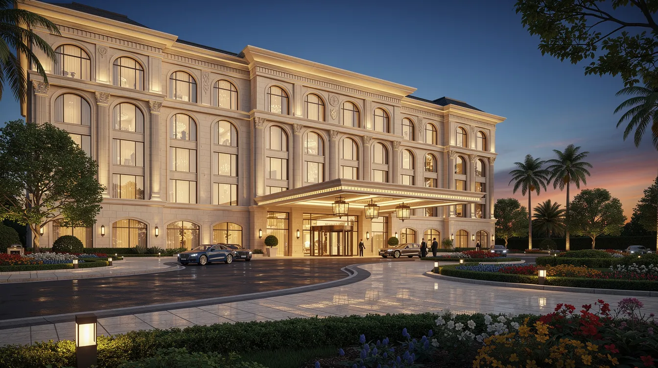 The image depicts the grand exterior of a luxury hotel, beautifully illuminated at dusk, featuring landscaped gardens and an elegant porte-cochere entrance. This setting reflects the hospitality industry's commitment to guest satisfaction and enhances the hotel's revenue strategy through an inviting atmosphere.