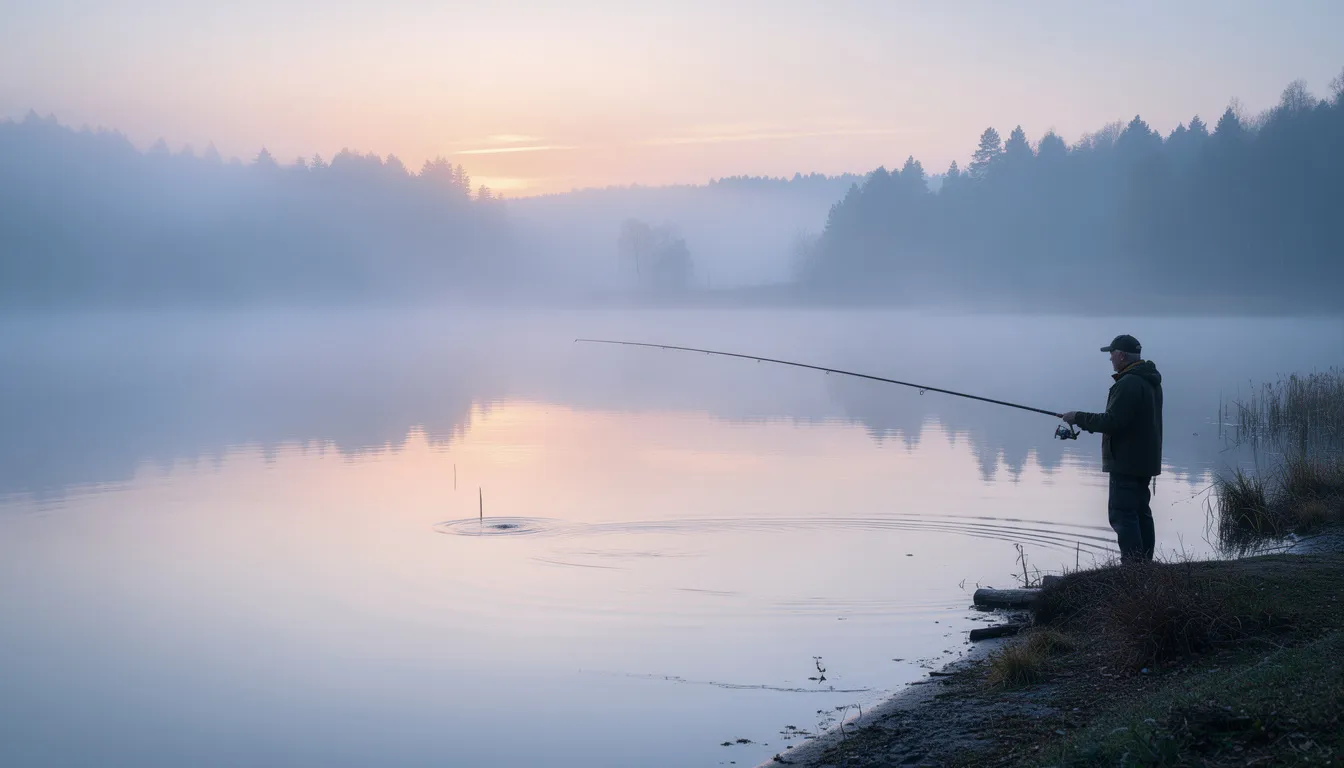 Wędkarz stoi nad spokojnym jeziorem o poranku, otoczony mgłą, przygotowując się do łowienia ryb. Wczesna wiosna to czas, gdy niektóre gatunki ryb, takie jak szczupak i leszcz, intensywnie żerują, co czyni ten okres idealnym do poszukiwania przygód na wodzie.
