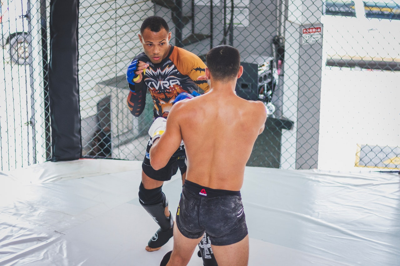 Two MMA Fighters Fighting in Cage (Bruno Bueno)