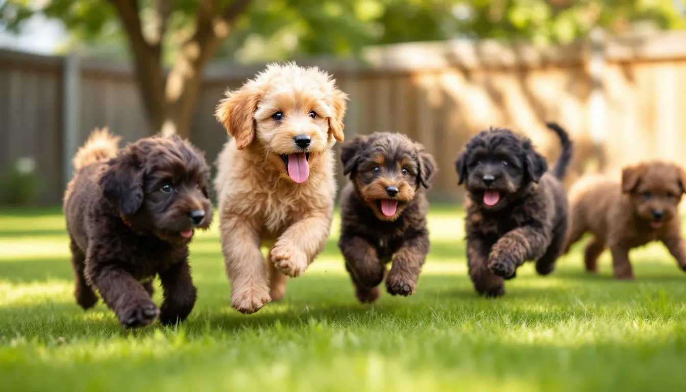 In a sunny yard, several goldendoodle puppies of varying sizes, including miniature and standard goldendoodles, are joyfully playing together. Their fluffy coats and playful antics highlight their energetic nature, showcasing the charm of these beloved designer dog breeds.
