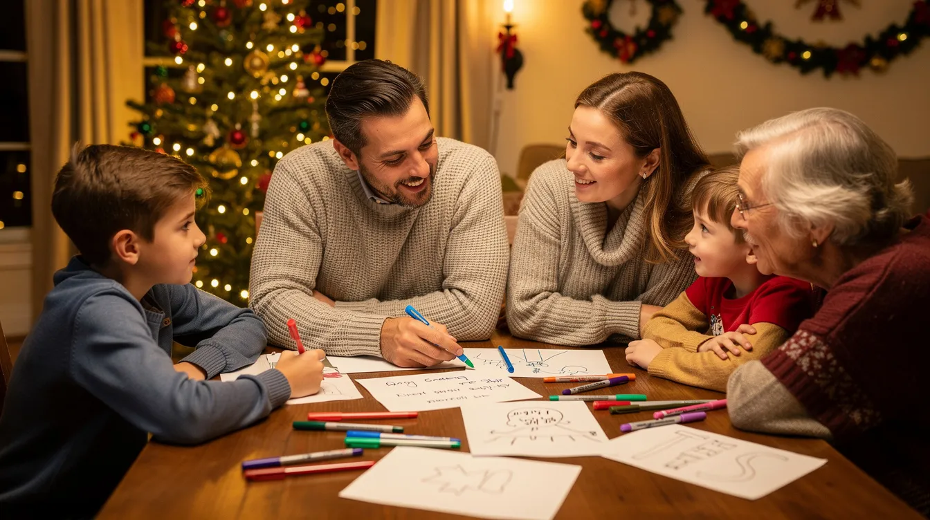 A family gathers around a table during the holidays, engaging in a lively discussion about their plans while using paper and colored pens. This scene reflects the importance of communication and collaboration in supporting children's cognitive development and emotional regulation within home environments.