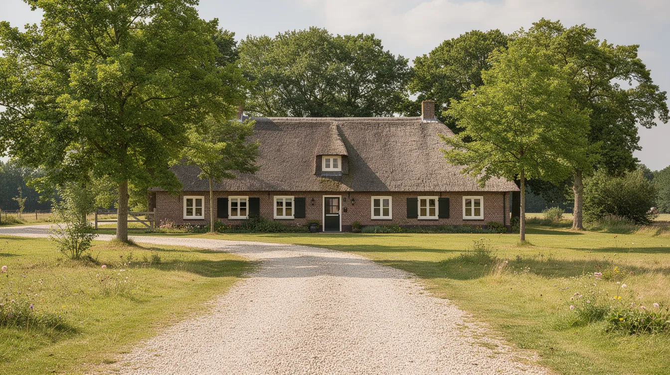 De afbeelding toont een grote landelijke woonboerderij omringd door bomen en een grindpad. Dit rustige en groene landschap biedt een serene omgeving, perfect voor persoonlijke groei en de ontwikkeling van een christelijke gemeenschap.