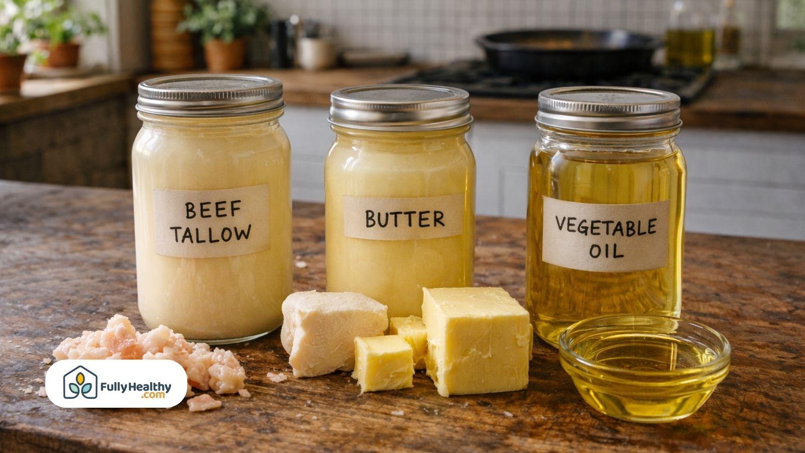 Jars labeled beef tallow butter and vegetable oil on kitchen counter