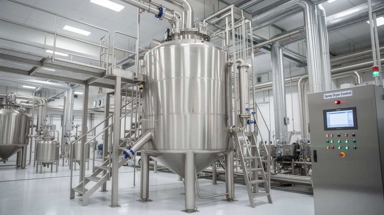 0be43337 4c80 4999 84a9 6f0ceecf7ad4 The image shows industrial stainless steel spray dryer equipment inside a large whey processing plant, designed for the production of whey protein powder and other whey products. This advanced machinery is essential for the manufacturing process, ensuring efficient conversion of liquid whey into high-quality whey protein concentrate and isolate.