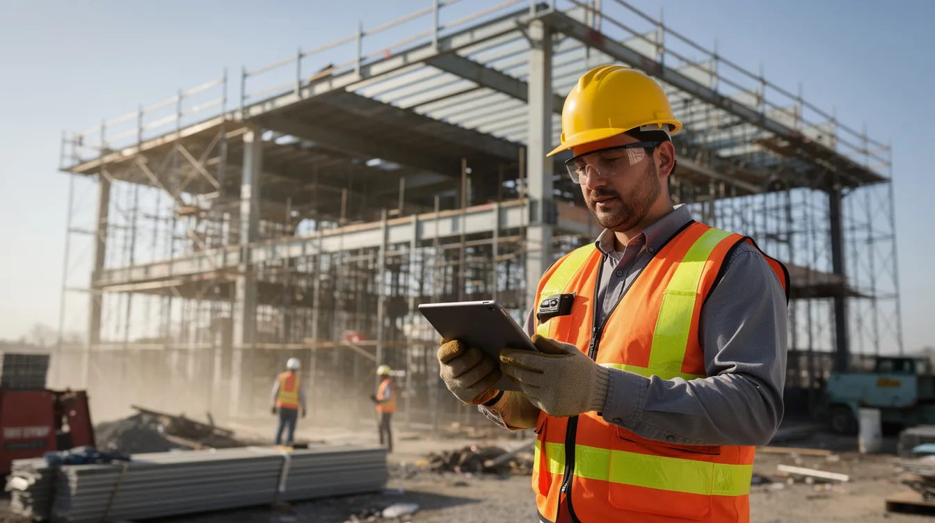 A construction foreman is using a tablet on an active commercial construction site, surrounded by scaffolding and steel framing. This scene highlights the importance of quality control in construction, as the foreman likely reviews project specifications and conducts safety inspections to ensure compliance with industry standards.