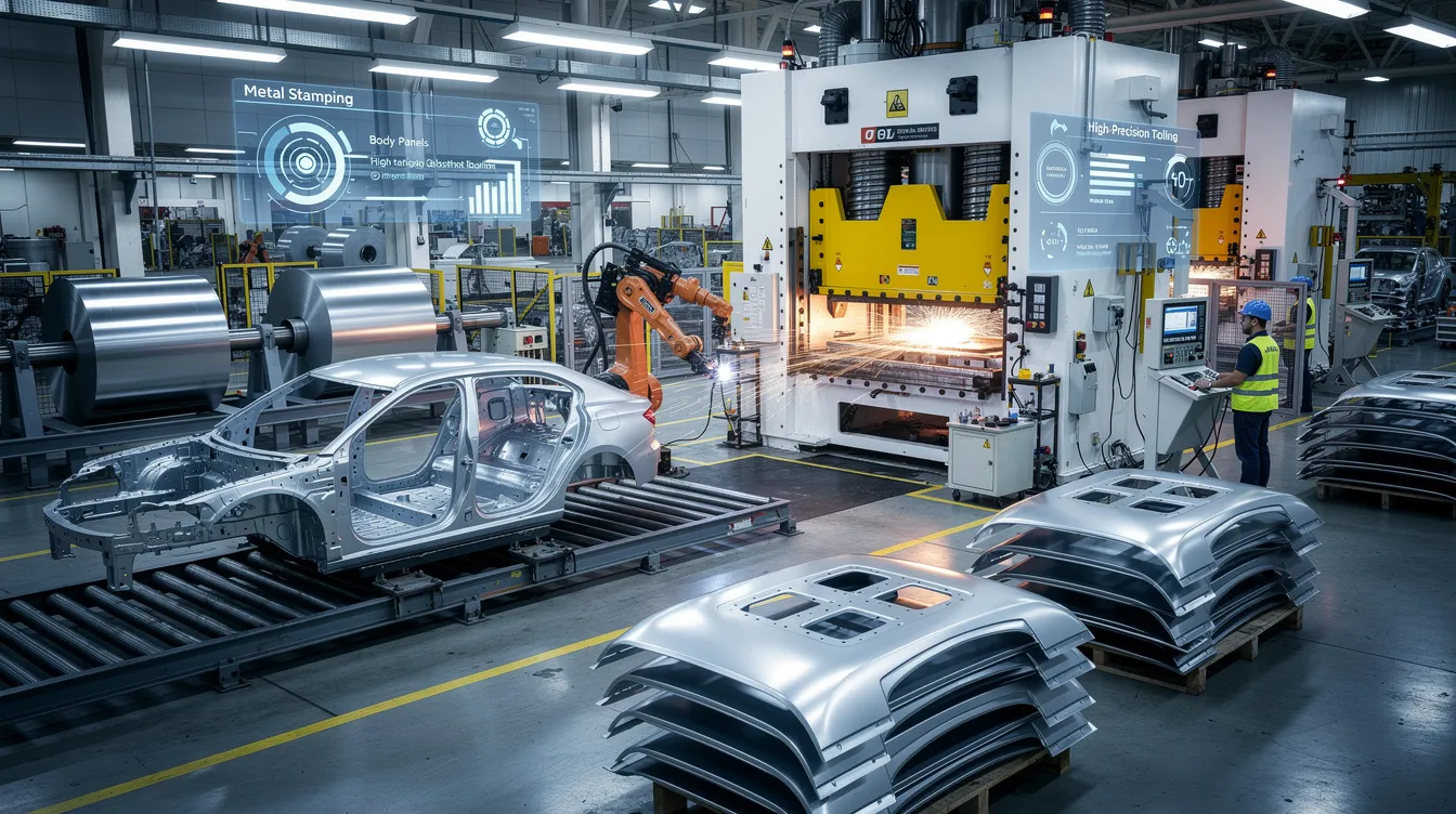 The image illustrates the process of metal stamping in the automotive industry, showcasing an experienced team working with raw materials to create critical components for car manufacturing. The focus is on the precision and efficiency of metal stamping technology, which ensures that parts meet strict industry standards while being produced in large quantities.