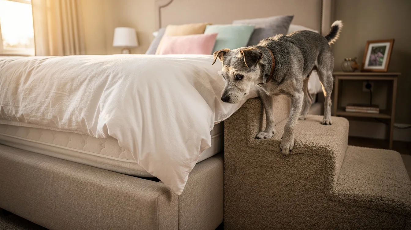 A small senior dog is carefully using carpeted dog stairs to reach a tall bed, showcasing a gentle slope designed for pets with back or hip issues. The sturdy steps provide good traction, ensuring the tiny dog can safely climb without trouble.