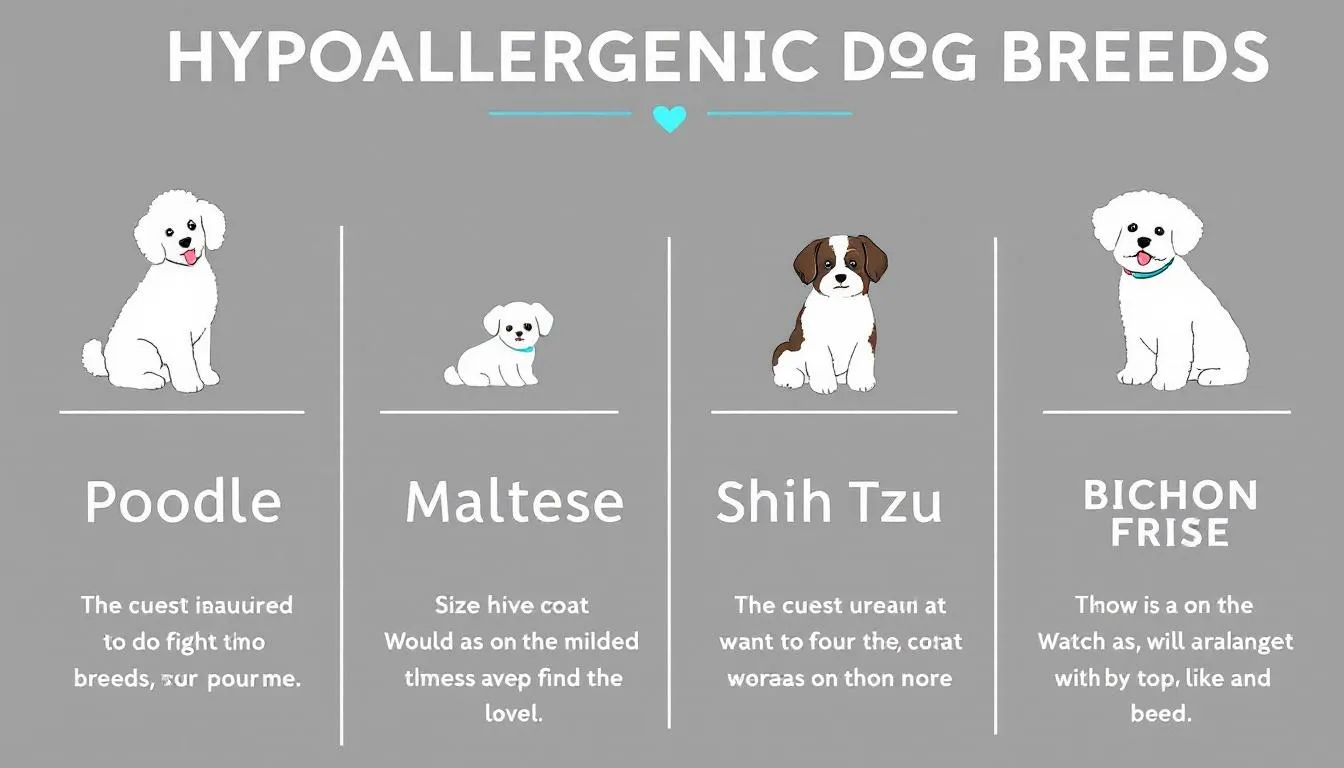 The image depicts a comparison chart showcasing various hypoallergenic dog breeds, including the soft coated wheaten terrier and the Portuguese water dog, highlighting their characteristics and how they produce fewer allergens, making them suitable for allergy sufferers. The chart emphasizes the importance of managing dog allergies, particularly for those prone to allergic reactions from pet dander and dog fur.