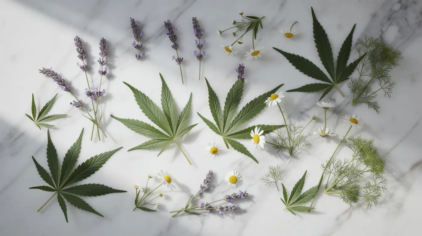 The image features an arrangement of various hemp leaves alongside botanical herbs like lavender and chamomile, all displayed on a smooth marble surface. This natural composition highlights the beauty of hemp and its potential benefits, such as those found in best CBD gummies for stress relief and sleep support.