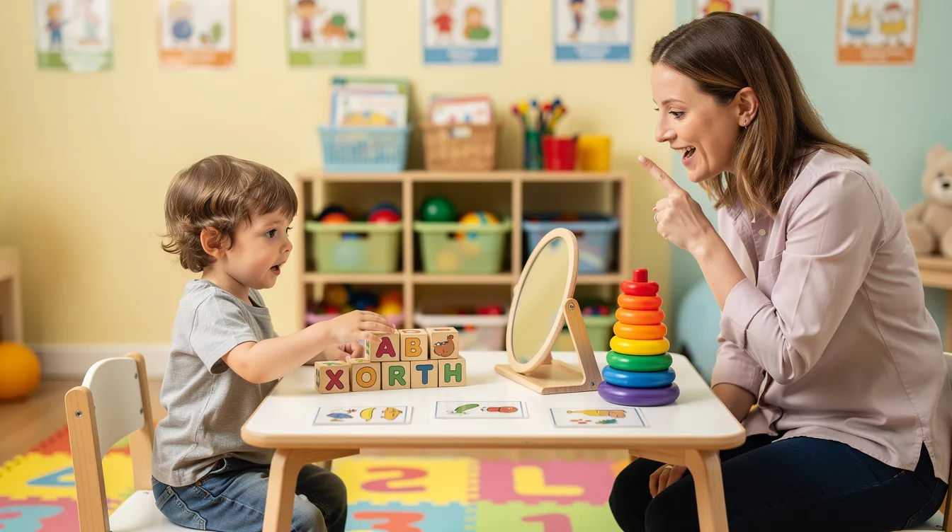 A speech therapist is engaging with a young child using colorful toys to enhance their speech and language development. This interactive session aims to support the child's communication skills and address any potential language difficulties they may face.