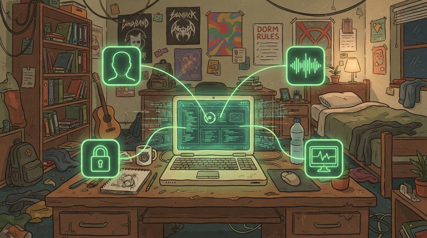 A student's laptop surrounded by small glowing green icons, a face outline, a sound wave, and a padlock, each connected by thin lines converging into one central monitoring screen