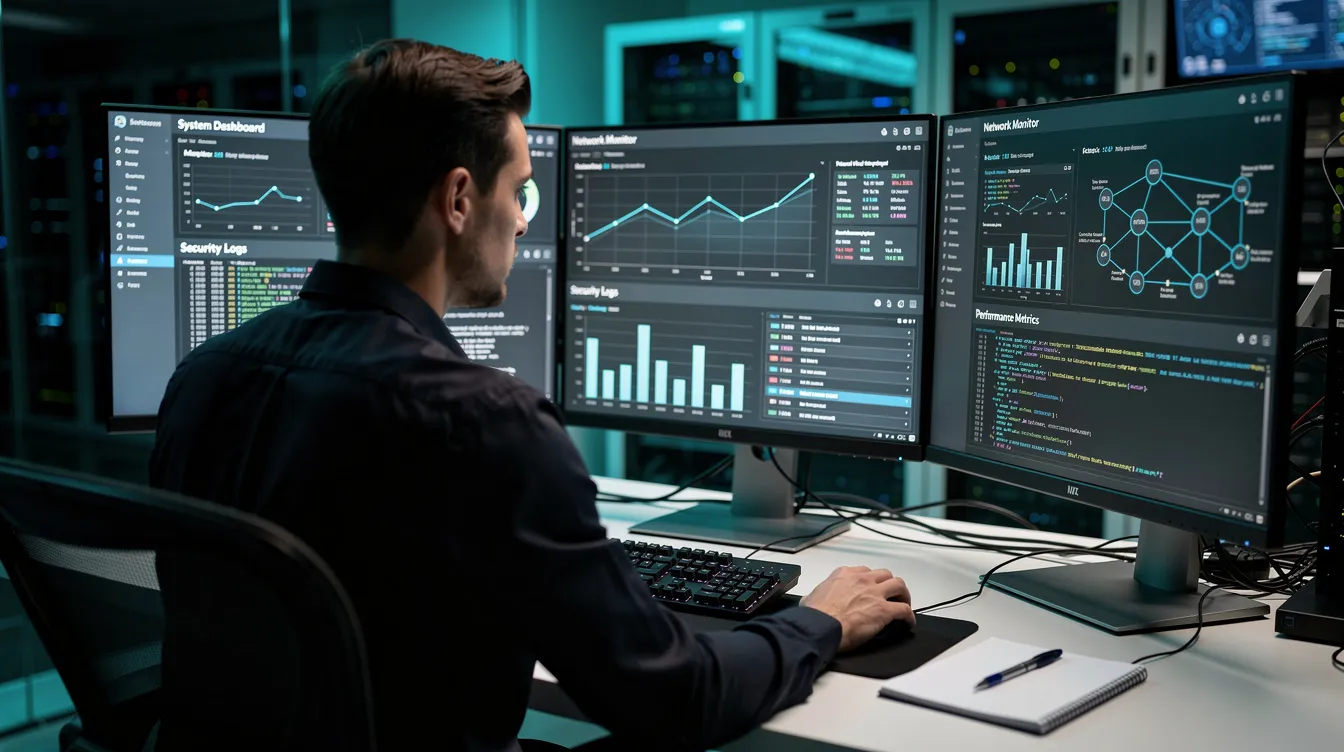 An administrator seated in front of multiple computer monitors, analyzing employee training program and learner progress data.