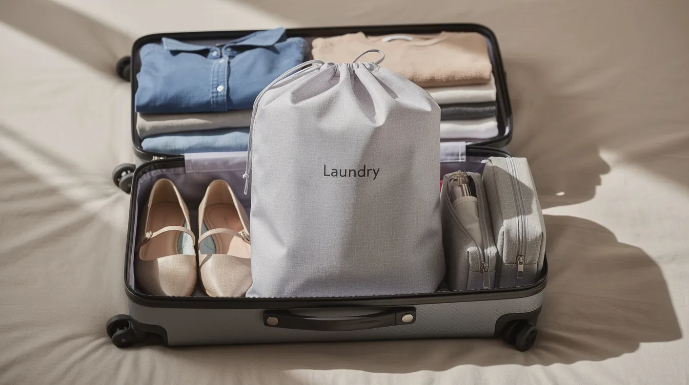 A travel laundry bag with a drawstring closure is placed inside an open suitcase, alongside neatly folded clothes, a toiletry kit, and a pair of shoes, ready for a trip. This mesh laundry bag is perfect for storing dirty clothes separately while traveling.