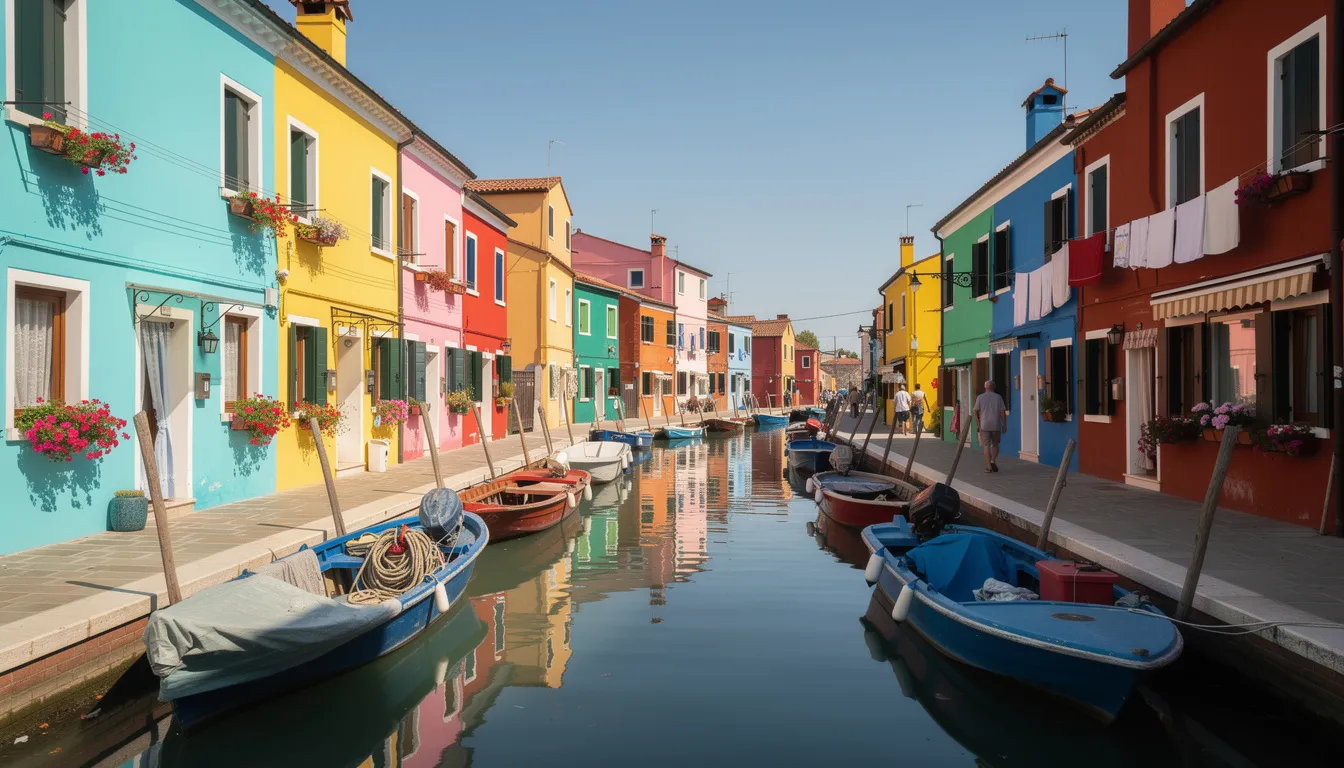 The image depicts vibrant, colorful houses lining a canal in Burano, with small boats moored along the waterfront, showcasing the charm of this picturesque island near Venice. This scene captures the essence of exploring Venice's unique architecture and its rich history along the Venetian lagoon.