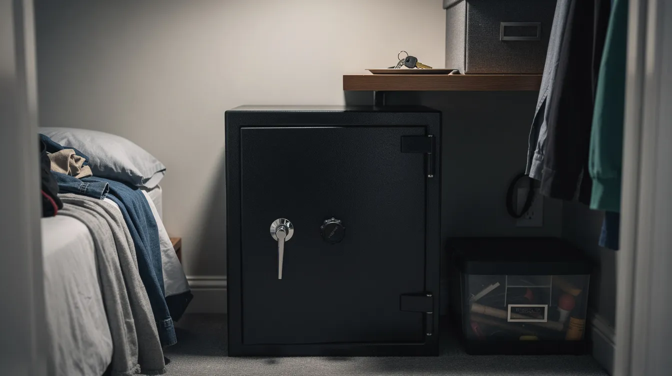 The image shows a locked firearm safe positioned inside a closet, with a set of keys placed separately on a shelf above it. This setup highlights the importance of secure gun ownership and adherence to gun laws for public safety.