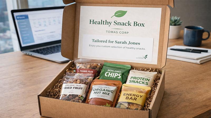 Personalized healthy snack box with organic and non-GMO snacks, ideal for client wellness gifting and subscriptions.