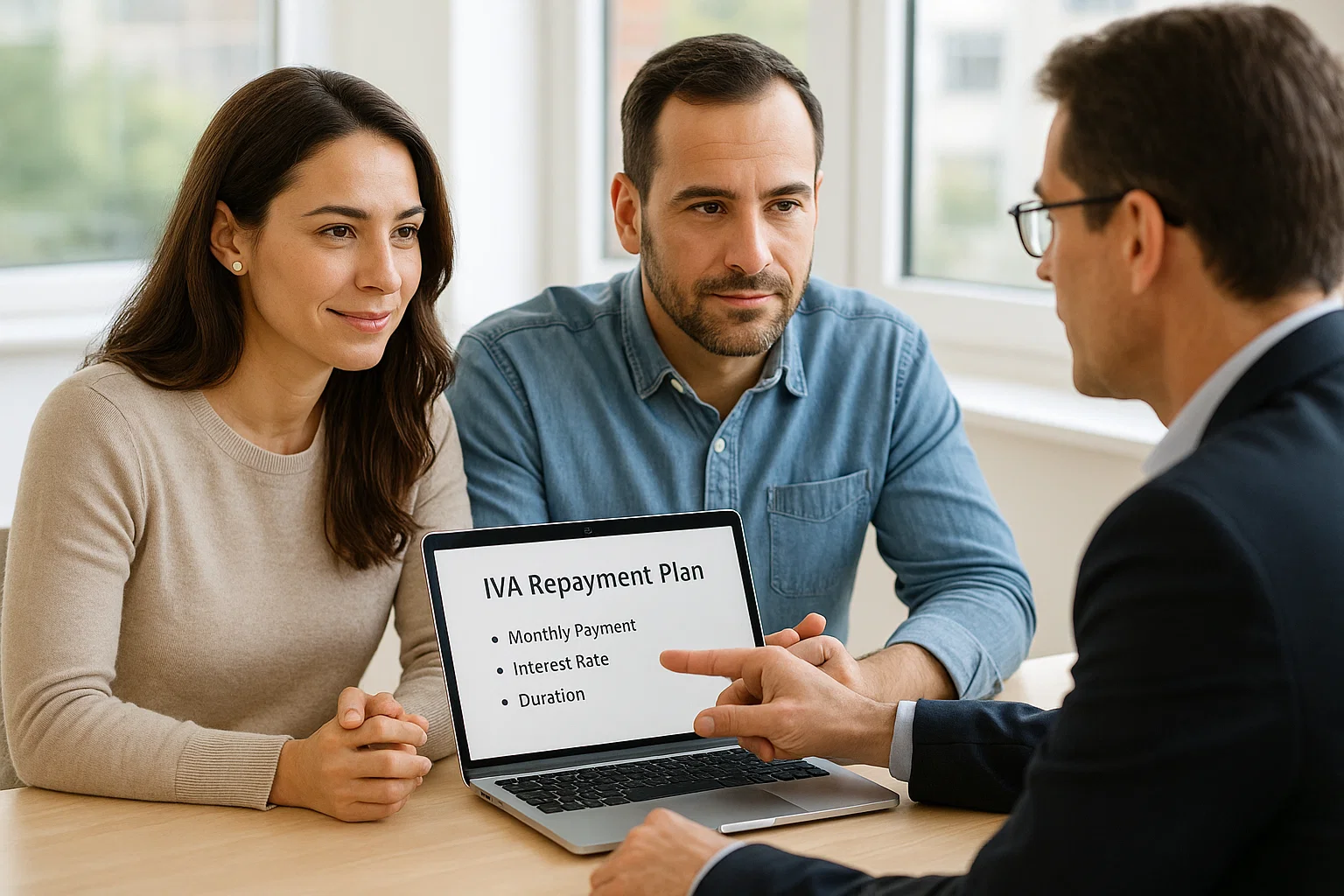 Couple discussing reasons to consider an IVA with a financial advisor in a positive and reassuring setting.