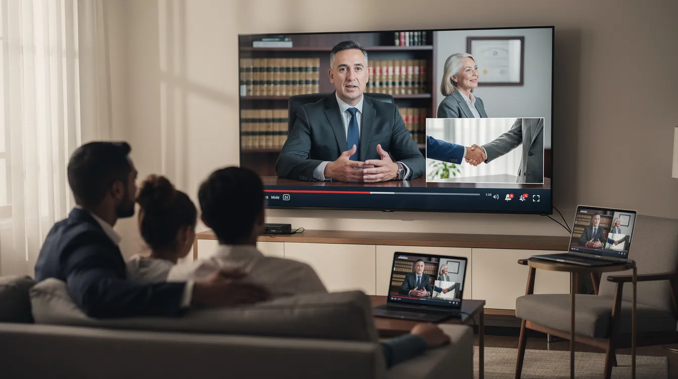 The image depicts a modern living room with a sleek smart TV displaying a vibrant video advertisement for a personal injury law firm. The scene captures a family watching the ad together, highlighting the effectiveness of connected TV advertising in reaching potential clients through engaging video content.
