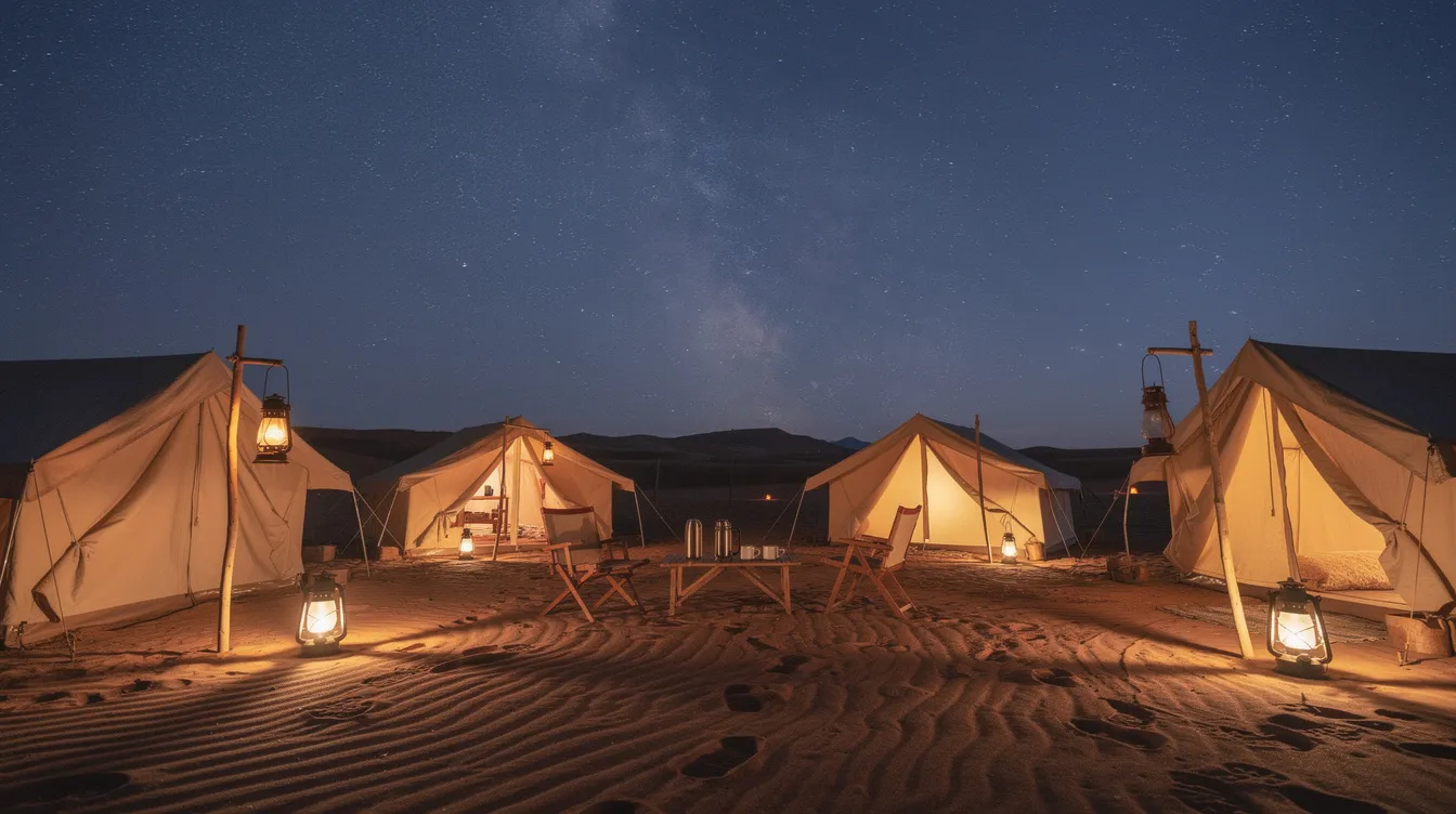 A warm lantern-lit tent camp is set up beneath a starry sky in the Sahara Desert, with the soft glow of lanterns illuminating the sandy landscape. The scene captures the serene beauty of southern Morocco, inviting visitors to experience the luxury of a desert camp under the vast expanse of the night sky.