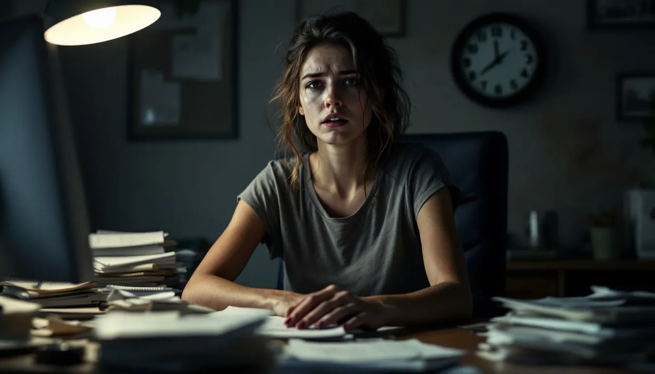 An individual appears distressed while sitting at a table covered in bills and paperwork, symbolizing their overwhelming debt situation. The scene reflects the financial struggles associated with unsecured debts, such as credit card balances and student loan debt, highlighting the need for options like credit counseling or filing for bankruptcy.