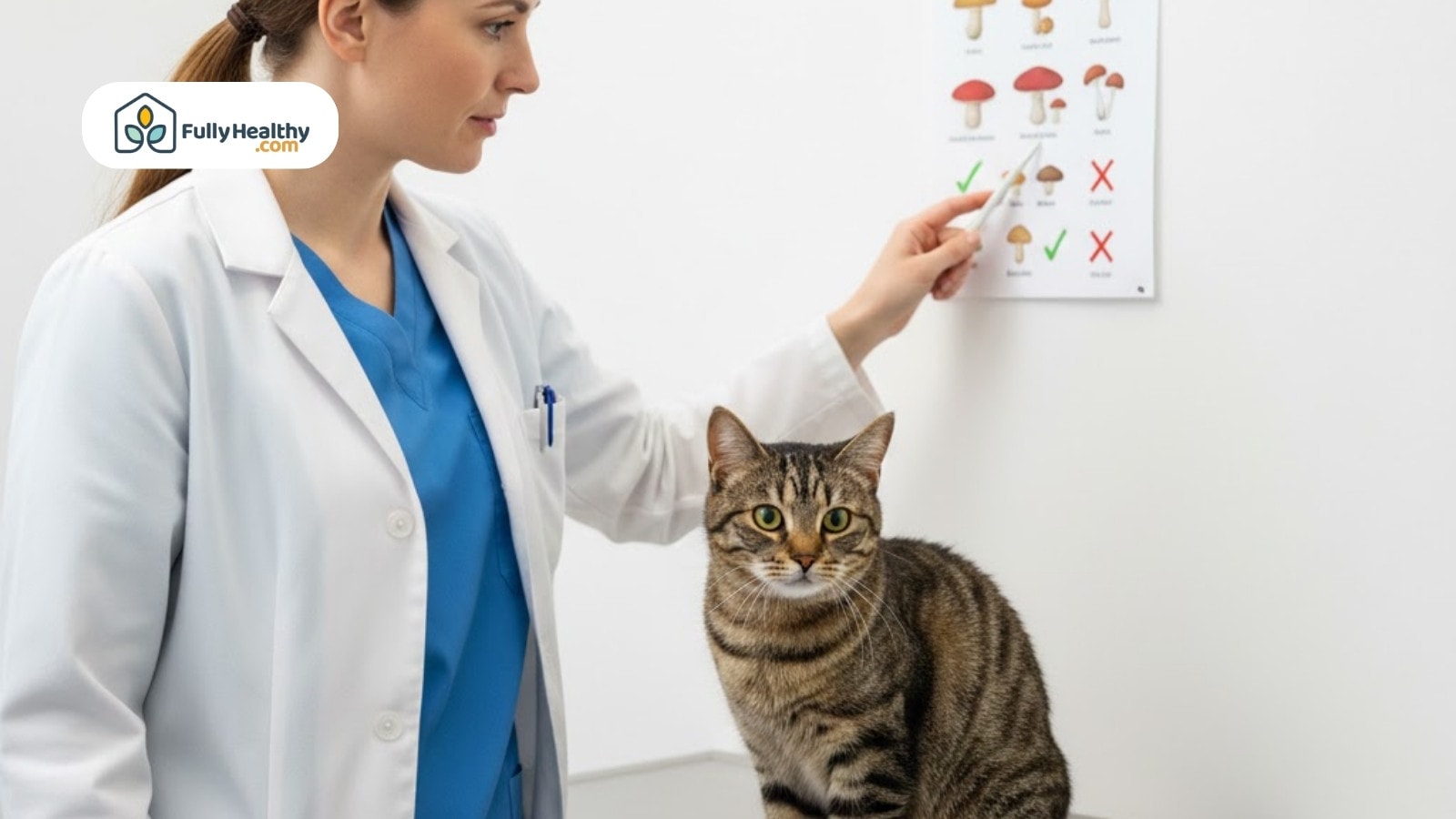 Vet points to mushroom chart beside tabby cat on examination table