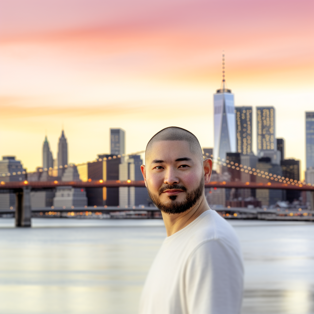 Confident male psychotherapist reflecting on his enhanced skills and techniques, with the Brooklyn Bridge and Lower Manhattan skyline in the background, representing his journey with the Schema Therapy Training Center of New York.