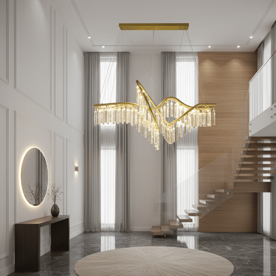 Sculptural gold chandelier with cascading glass pendants by Lumière Lighting, creating a statement centerpiece in a modern double-height foyer.