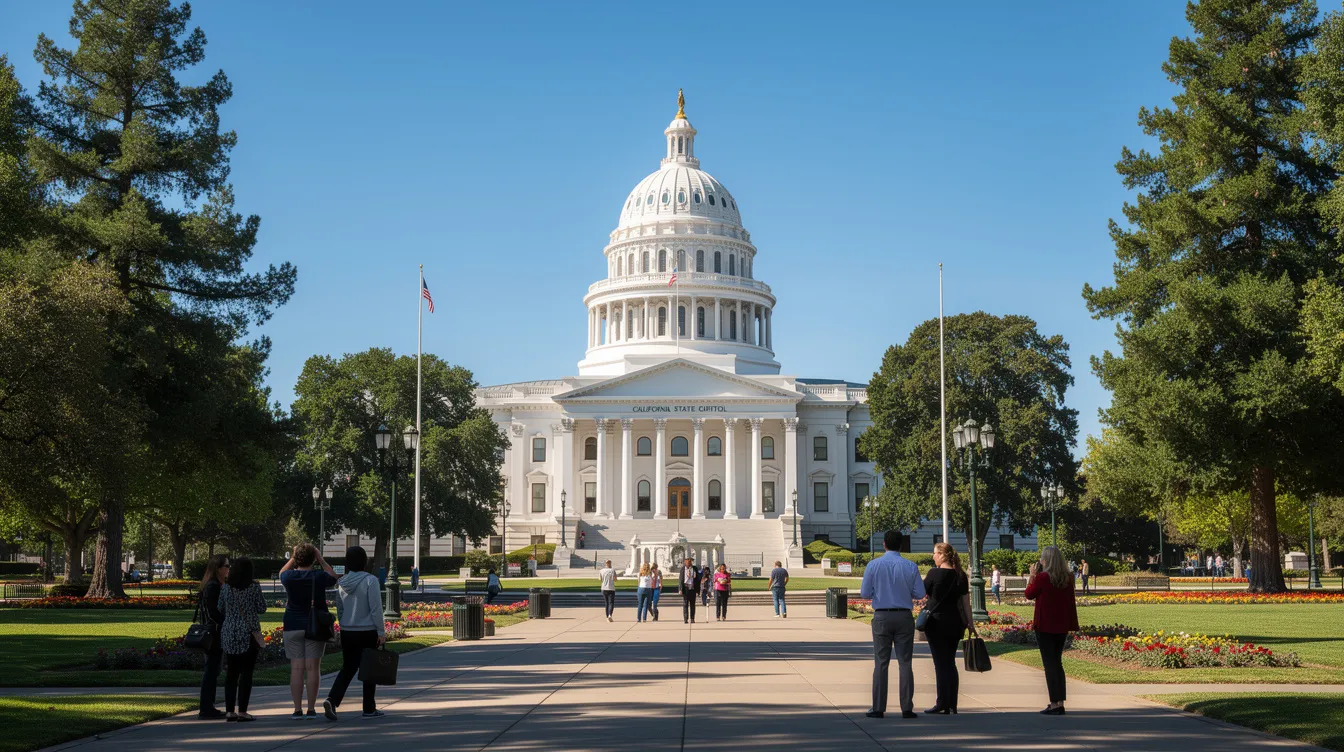 The image shows the California State Capitol building in Sacramento on a clear day, with people walking leisurely on the grounds, symbolizing the active engagement of the community in the legislative process. This iconic structure serves as a hub for the introduction of floor bills and legislative measures that aim to support small businesses and promote economic growth in California.