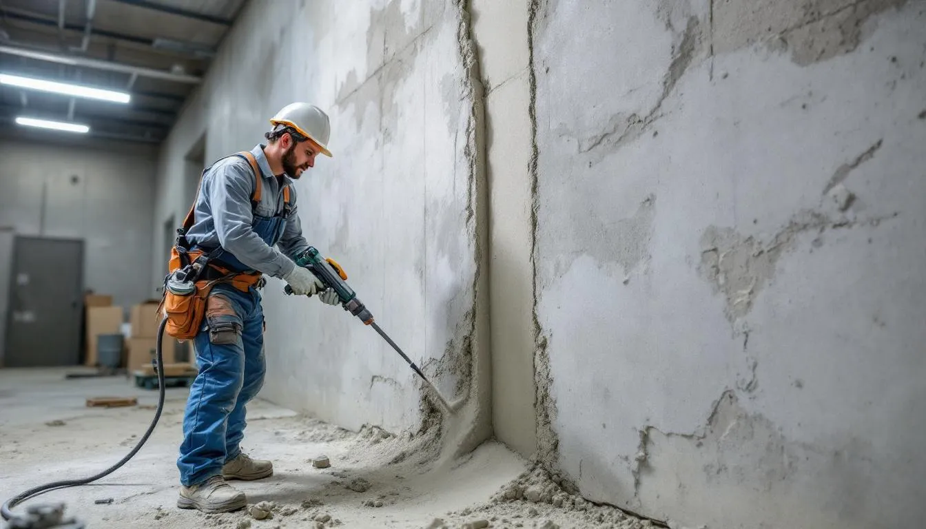 L'image illustre des fissures visibles sur les fondations d'une maison, soulignant les dommages causés par l'infiltration d'eau. Un professionnel examine ces fissures pour proposer des solutions de réparation adaptées aux propriétaires, tout en tenant compte des coûts et des facteurs influençant la durabilité des réparations.