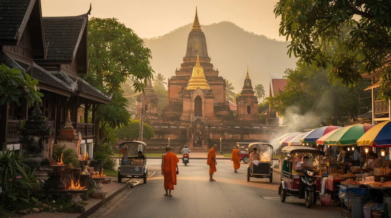 A imagem retrata a cidade de Chiang Mai, na Tailândia, com seus templos tradicionais e paisagens montanhosas ao fundo. É um destino popular no sudeste asiático, conhecido por sua rica cultura, mercados flutuantes e comida de rua deliciosa.