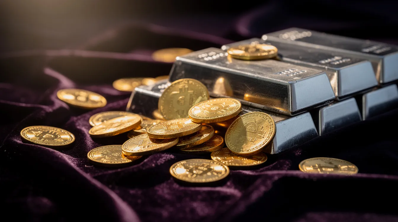 The image features an elegant arrangement of gold coins and silver bars displayed on a dark velvet surface, highlighting the allure of physical precious metals. This visually appealing setup emphasizes the value of investing in gold and silver, making it relevant for those interested in retirement savings and precious metals IRAs.