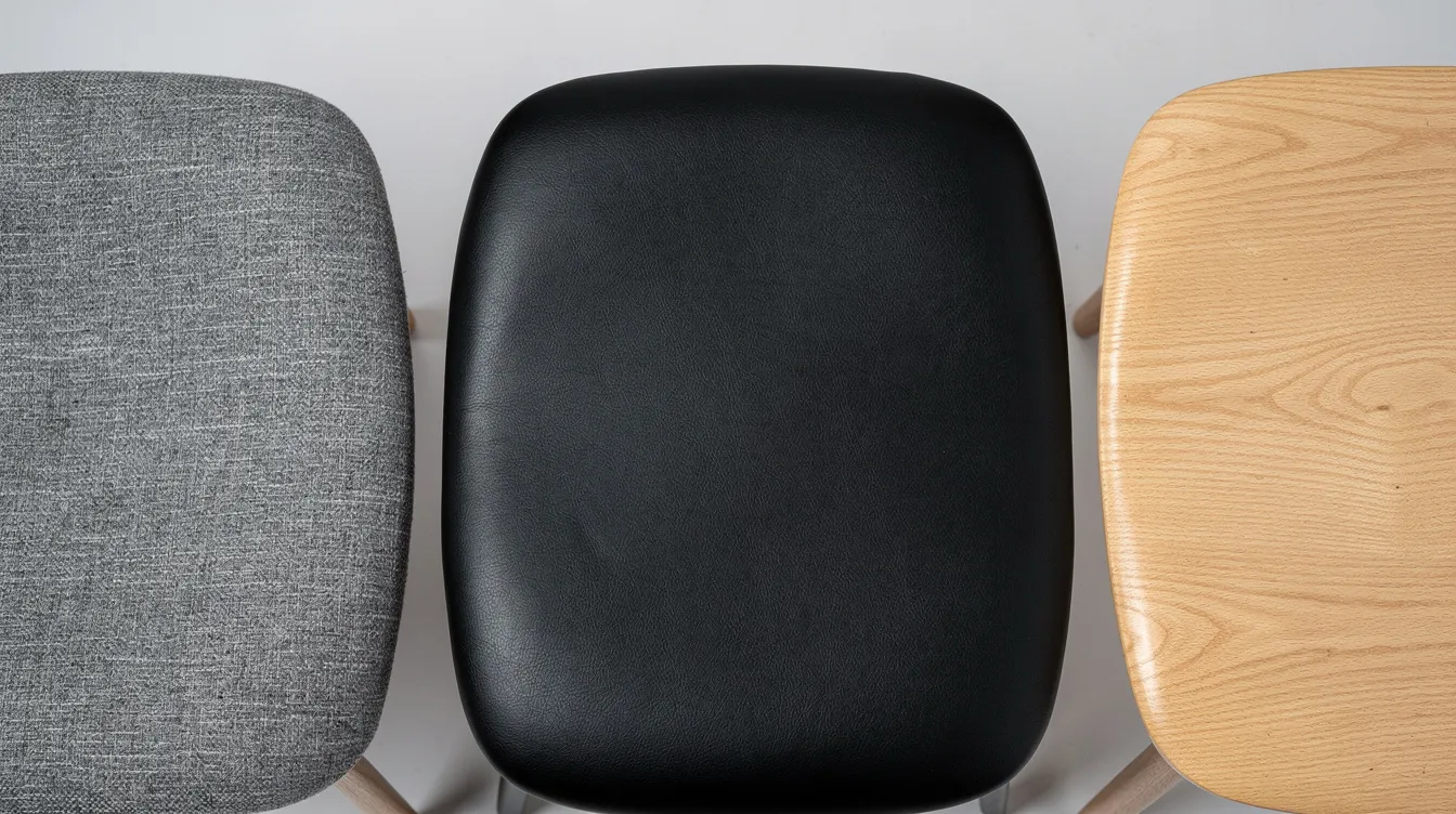 Närbild på tre olika stolsklädsel där grått tyg, svart konstläder och naturfärgat trä visas sida vid sida. Varje material bidrar med sin egen design och komfort, vilket ger många valmöjligheter för den som ska välja stol.